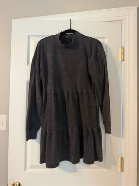 Charcoal Black Long Sleeve Babydoll Tiered Dress